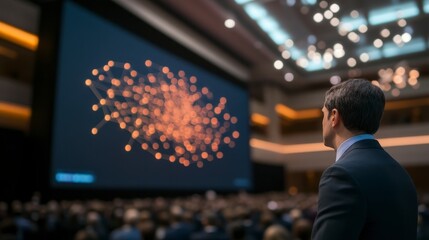 Fototapeta premium Engaging Business Presentation with Interactive Display: Demonstrating Technology on Stage with Audience Trust and Interest