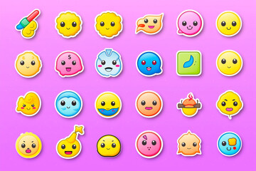 Fototapeta premium A kawaii-inspired set of emojis in a pastel palette, featuring oversized eyes, blushing cheeks, and playful details like bows and sparkles, arranged on a soft pink gradient background 