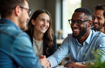 Diverse group of young businesspeople gather in modern office setting. Friendly atmosphere during corporate meeting. People engaged in negotiations, collaboration. Look happy, successful.