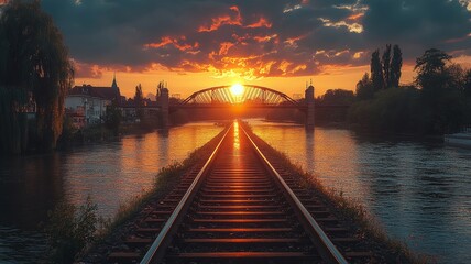 Sunset Glow Over Railroad Tracks Leading to River