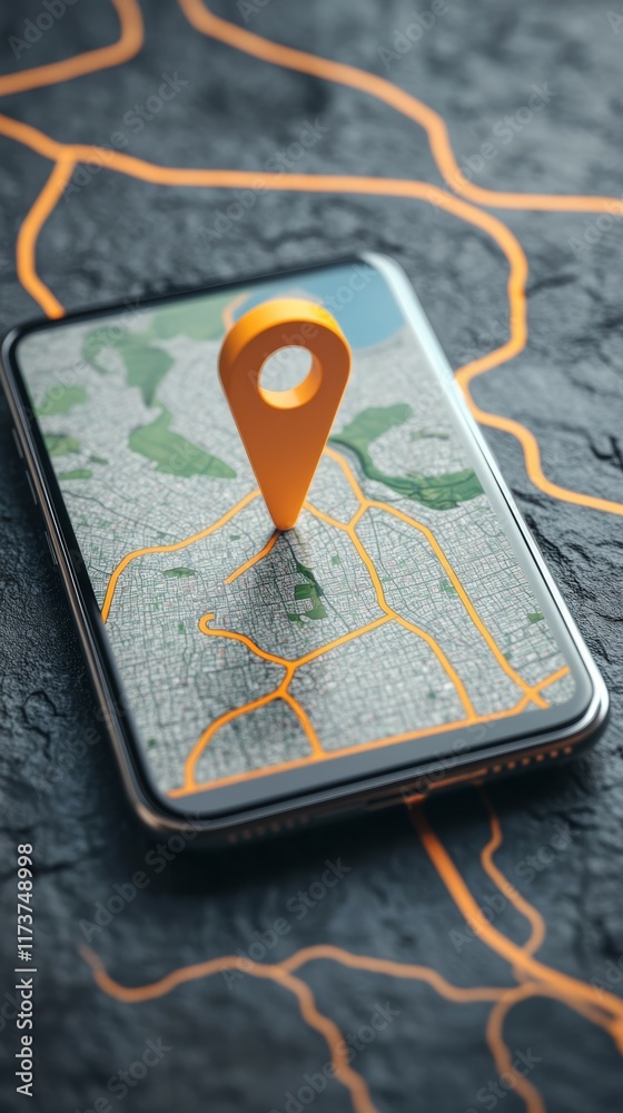 Poster Location pin resting on smartphone displaying map with highlighted orange route, suggesting navigation or route planning on a mobile device