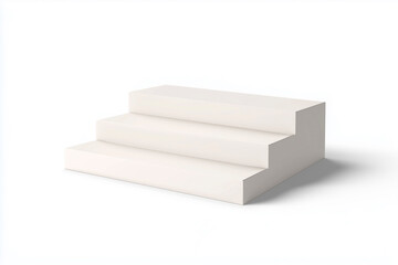 
Cuboid 3D podium with staggered steps, matte white finish, subtle shadow, placed on a pure white background