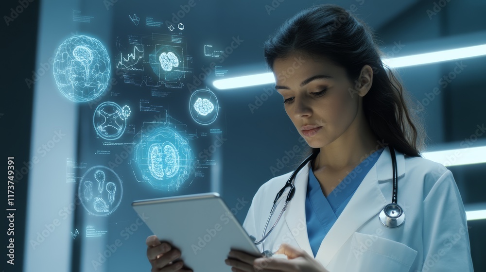 Poster female medical doctor using a tablet with a holographic interface displaying brain images and data a