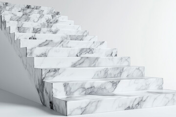 Elegant cascading steps with a marble finish, hyper-realistic details, seamless white background