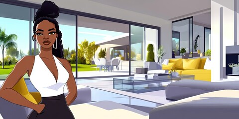 Obraz premium 2D animation woman posing for photo in her modern mansion 