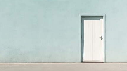 White door on a light blue wall.