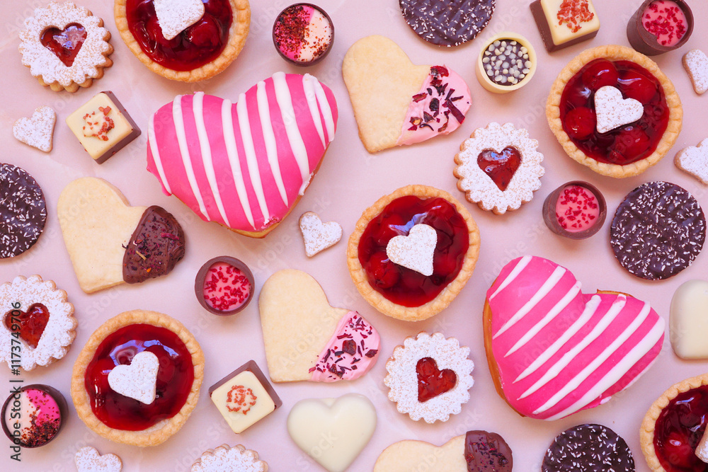 Poster valentines day baking and desserts background with a variety of cookies, chocolates and sweet treats