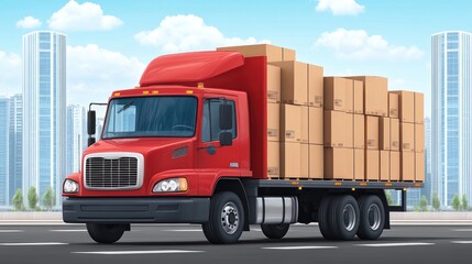 A red delivery truck loaded with cardboard boxes on a city road.