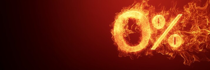 Fiery zero percent symbol representing burning interest rates, signifying changes in financial markets, investment strategies, or cryptocurrency trends