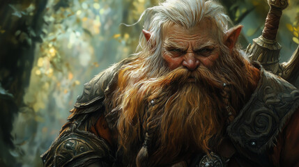 Majestic portrait of a fantasy gnome character with an intricately detailed beard and armor in a mystical forest