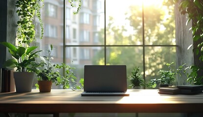 A modern laptop is placed on the table, with large windows in front of it and green plants outside.