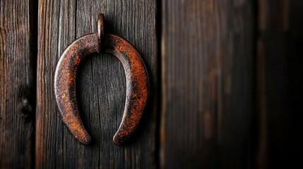 Rustic charm: A weathered horseshoe hangs on a dark wooden background, creating a vintage feel.