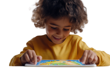 Child interacting with a colorful map application on a tablet, engaged in playful learning at home