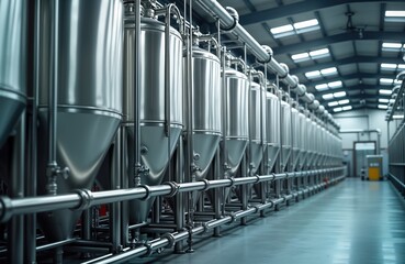 Industrial dairy production plant. Rows of large stainless steel tanks for milk storage, processing. Pipes, conduits visible for material transportation throughout plant. Automated systems for