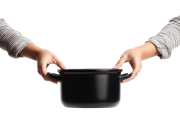 Hands holding black bowl filled isolated on a white background showcasing bowl