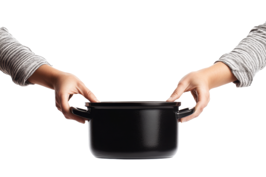 Hands holding black bowl filled isolated on a white background showcasing bowl - Powered by Adobe
