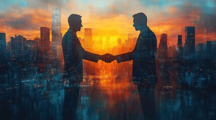 Fototapeta premium Businessmen shaking hands sunset city backdrop.