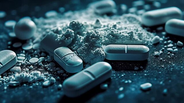 A close-up view of white pills scattered on a dark surface, surrounded by a powdery substance. The setting evokes a tense, illicit mood, highlighting themes of substance use and addiction.