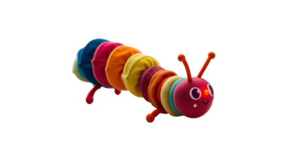 Photo of bright colored caterpillar shaped educational toy made of fabric for children isolated on transparent background