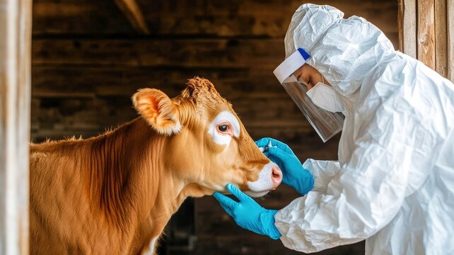 A veterinarian in protective gear examines a cow, emphasizing animal health and biosecurity measures in a farm setting.