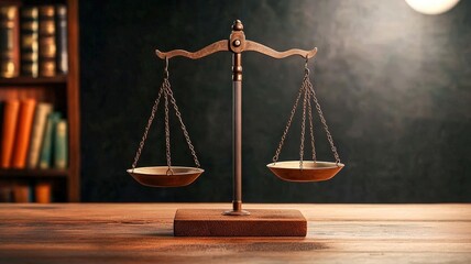 A classic balance scale set on a wooden surface, symbolizing justice and fairness, with books blurred in the background.