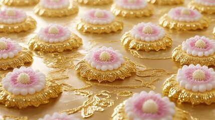 Elegant Pink and Gold Flower Decoration on Golden Background