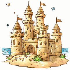 Vector illustration sand castle on the seashore, illustration for a children's book, postcard