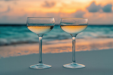 Set of two elegant coupe glasses with sparkling wine on the sunset sandy beach