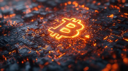 Bitcoin symbol glowing on a circuit board.