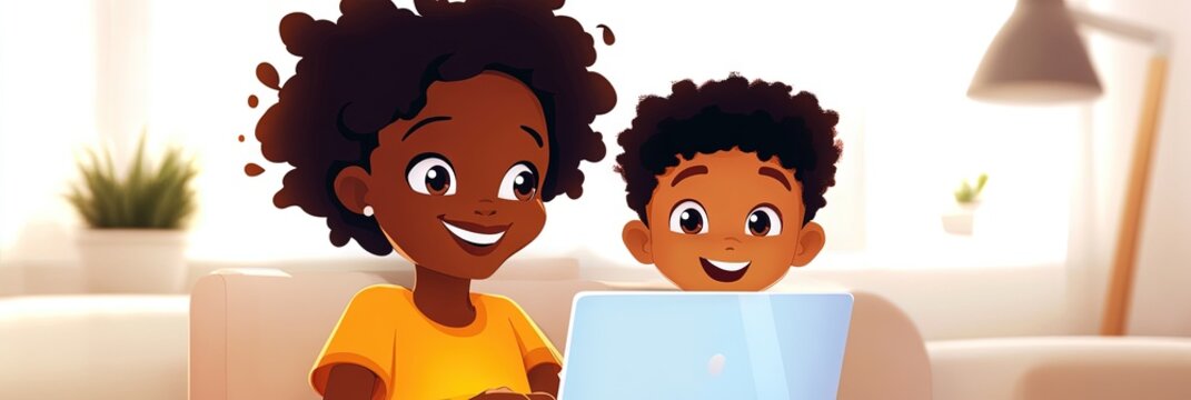 2D animation friendly african american grandma and grandson using laptop, living room
