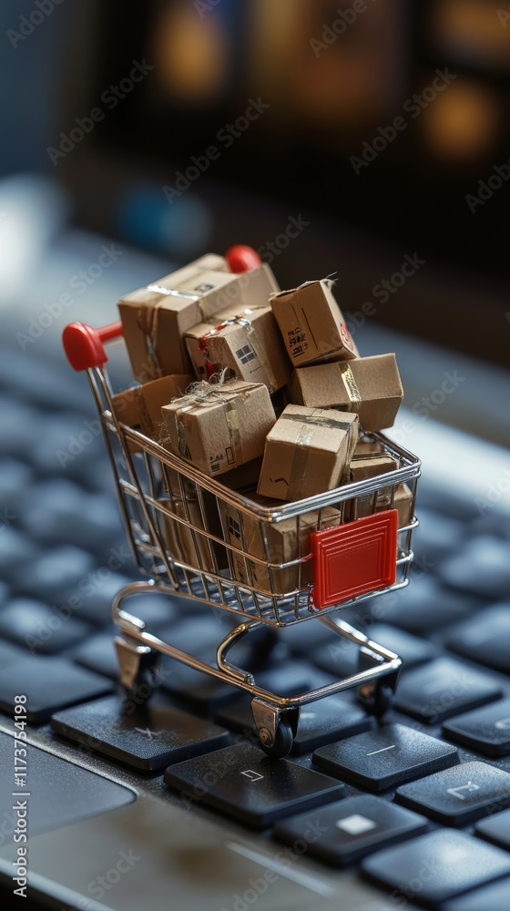 Poster miniature shopping cart full of cardboard delivery boxes is standing on a laptop keyboard, represent