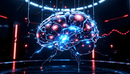 Futuristic AI Brain: A Stunning 3D Render of a Cybernetic Brain with Glowing Circuits and Neural Pathways, Illuminated in Vibrant Blue and Red Hues, Set Against a Dark Sci-Fi Background.