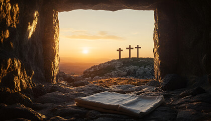 Obraz premium Resurrection of Jesus Christ, empty tom, shroud and defocused crosses on background with flare lights effects