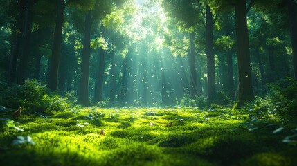 Fototapeta premium A serene forest scene with sunlight filtering through the trees.