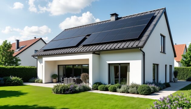 Modern single-family home in Germany features solar panels on roof eco-friendly construction, energy efficiency. Exterior design contemporary with landscaped garden, patio area. Sustainable living,