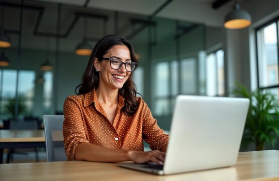 Happy Hispanic businesswoman working in modern office using laptop for virtual meeting. Smiling, giving presentation to colleagues online. Businesswoman looks happy, engaged in online conference.