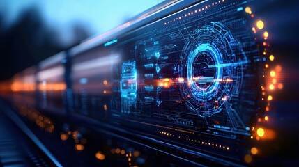 Obraz premium Futuristic technology interface with glowing screens, vibrant colors on a blurred background.