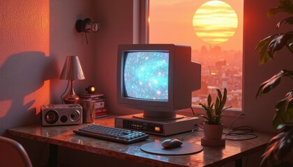 Retro computer scene with old CRT monitor, sunset view through the window, and vintage feeling