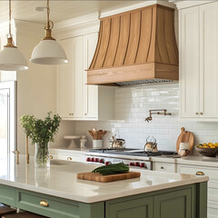 kitchen with white cabinets green island modern fluted wooden range hood