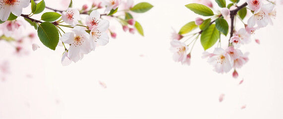 Obraz premium Spring background of pastel pink apple blossoming tree branch. Space for text.