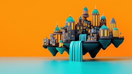Naklejka premium A whimsical floating city with colorful buildings and a cascading waterfall against a vibrant orange background.