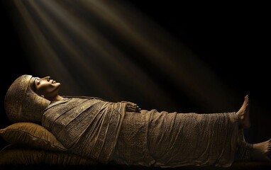 Reclining mummy figure in golden shroud, dramatic lighting.