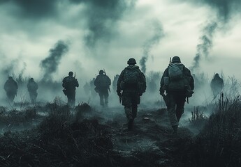 A group of soldiers in the field, with smoke and dust floating around them