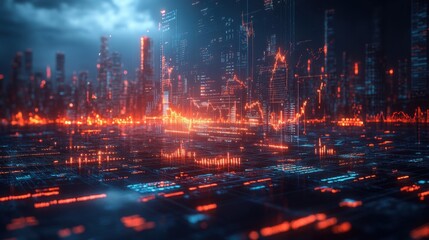 Naklejka premium Futuristic city skyline with digital data overlay.