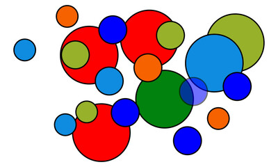 Overlapping circles in varying sizes and bright different colors. Working with statistics and information. Multicolored crossed circles. Flat vector collection, eps10 55