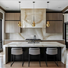 modern kitchen design featuring taj mahal quartzite countertops and high backsplash wide view kitchen inspiration ar916