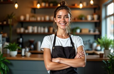 Confident female owner stands in local coffee shop. Smiles warmly, looks directly at camera. Wears white t-shirt, black apron. Shop bright, welcoming. Ready to serve customers, promote business.
