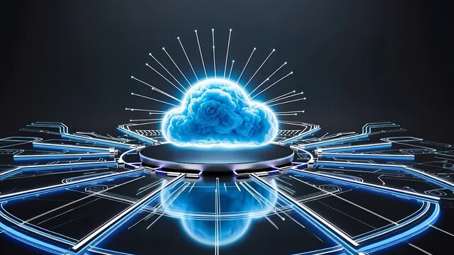 Futuristic Cloud Computing Concept with Glowing Digital Cloud Surrounded by Dynamic Connections on a Dark Background

