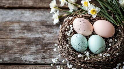 easter decorations, colorful easter eggs sit in a nest with daffodils on a rustic wood backdrop, setting a festive easter scene