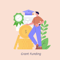 Person taking grant money. Form of financial aid. Student pay education loan. Concept of grant certificate, university and college fee, study fund, scholarship money. Vector illustration
